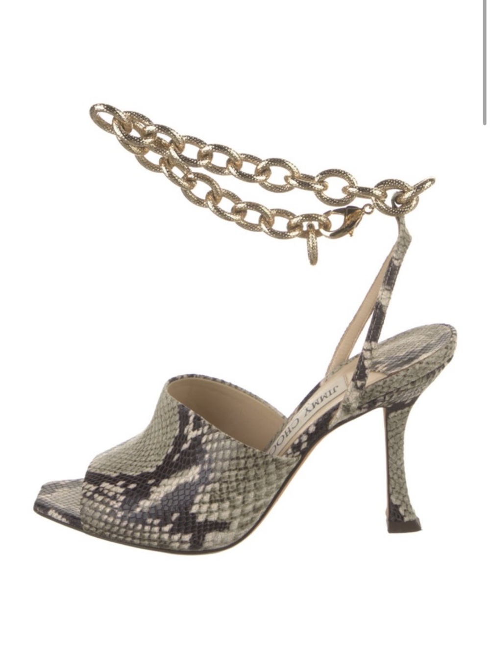 Jimmy Choo Snake-Print Slingback Sandals with Gold Chain Ankle Detail